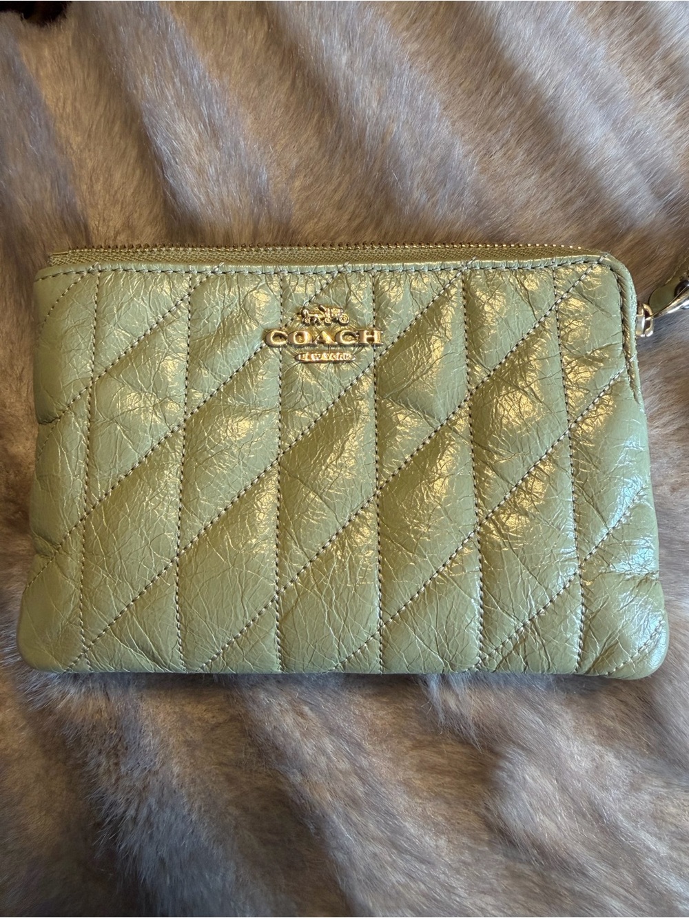 Coach Quilted Leather Wristlet in Sage Green with Gold Logo